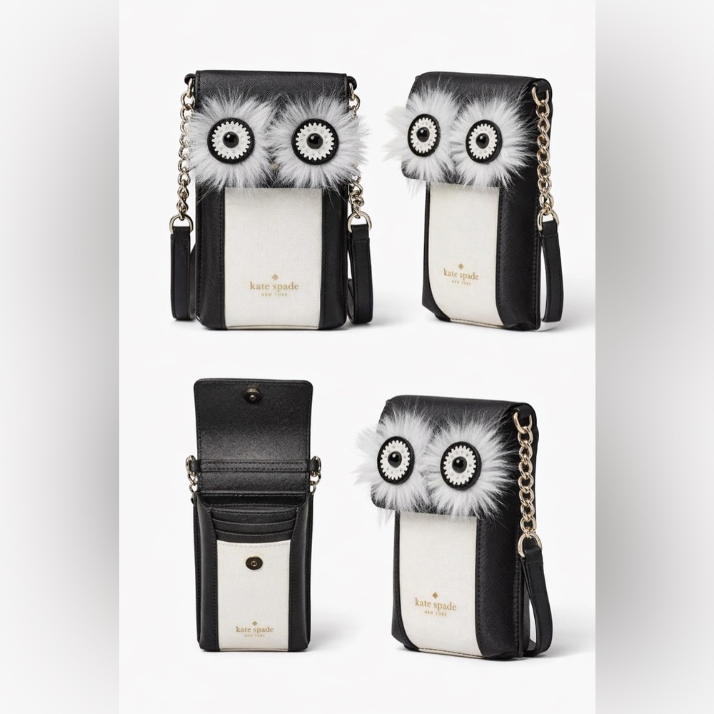 Kate Spade New York Owl Phone Crossbody Bag Black White Novelty EUC